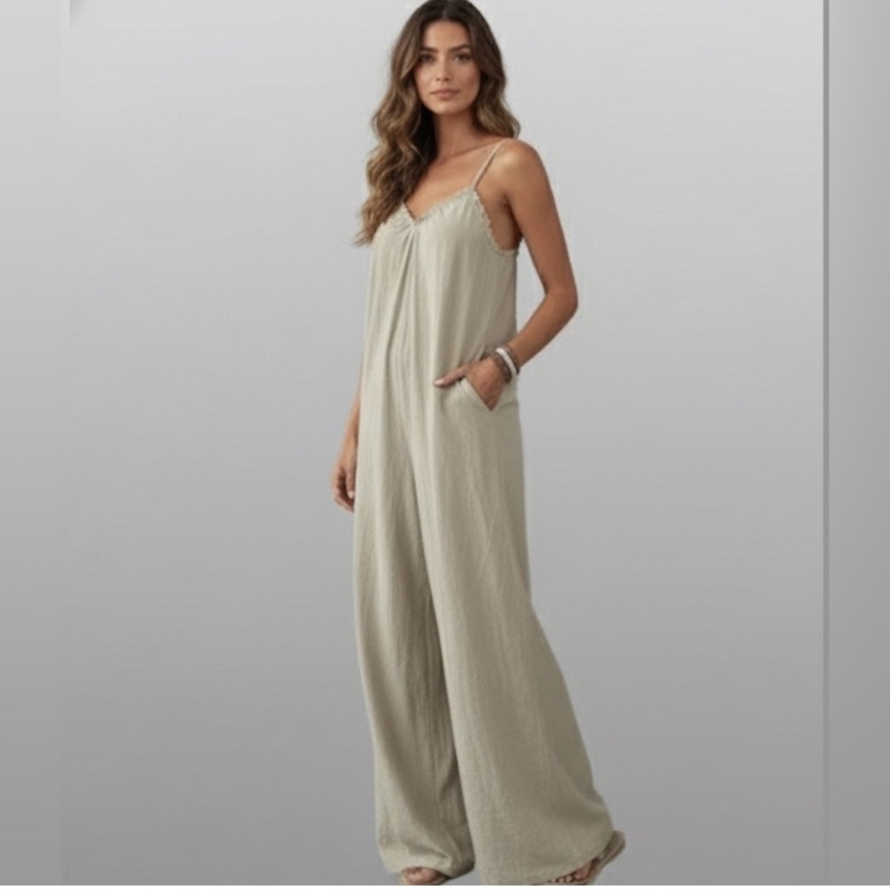 Boho Ruffle Trim Loose Fitting Wide Leg Jumpsuit - Picture 5 of 7